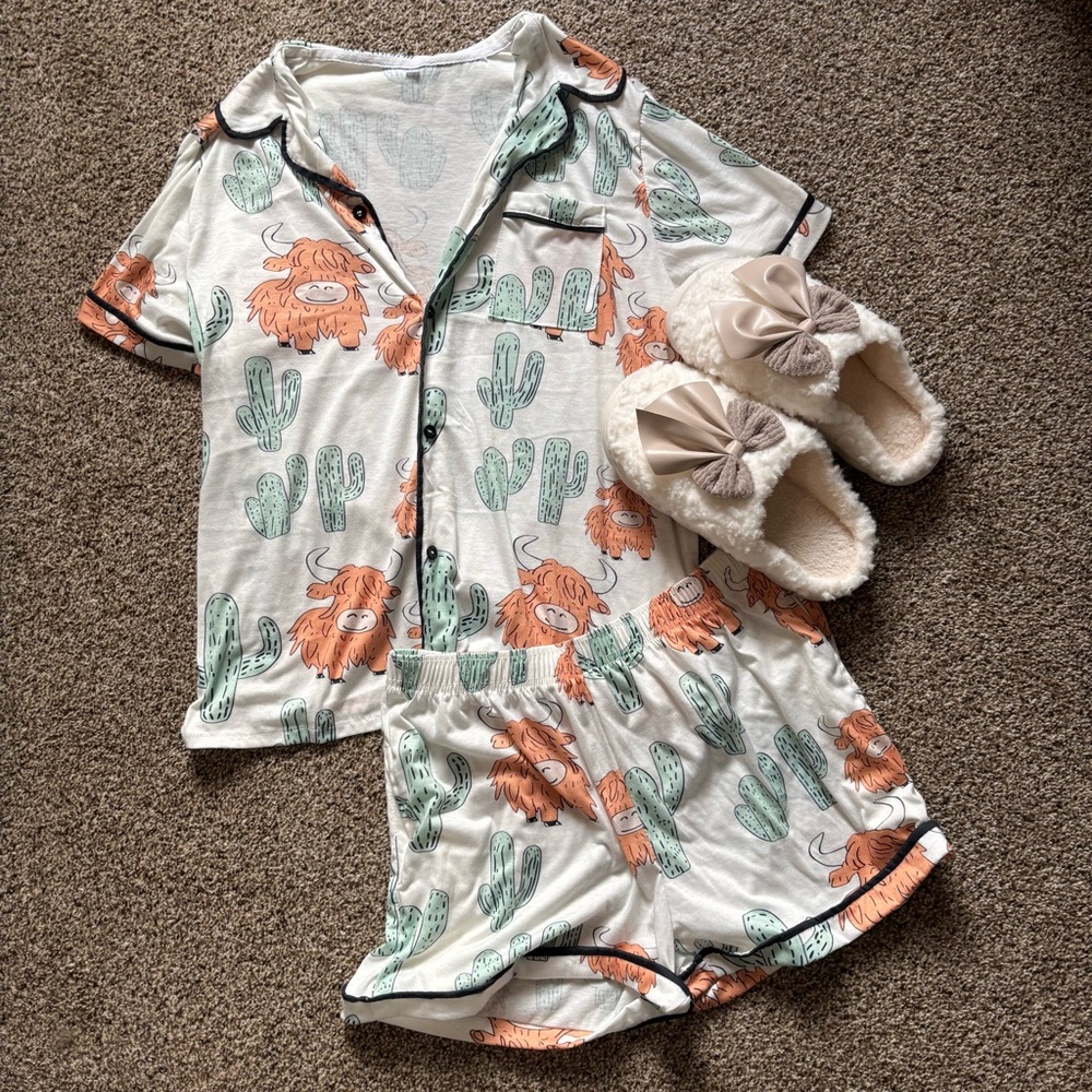 Cactus and Cow Print Pajama Set with Slippers